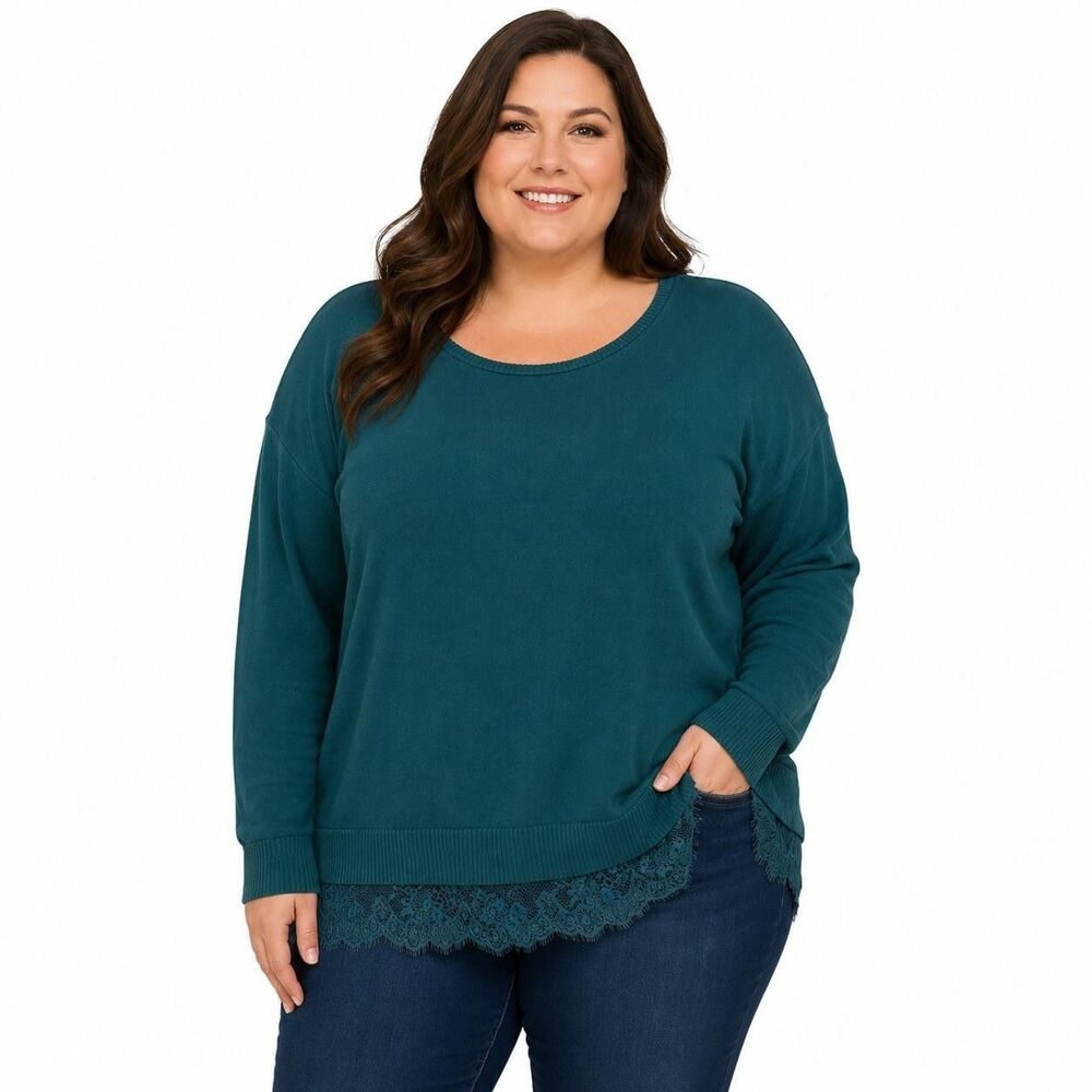 Lane Bryant Sweater Womens 18/20 Green Lace Hem Scoop Neck Long Sleeve Pullover